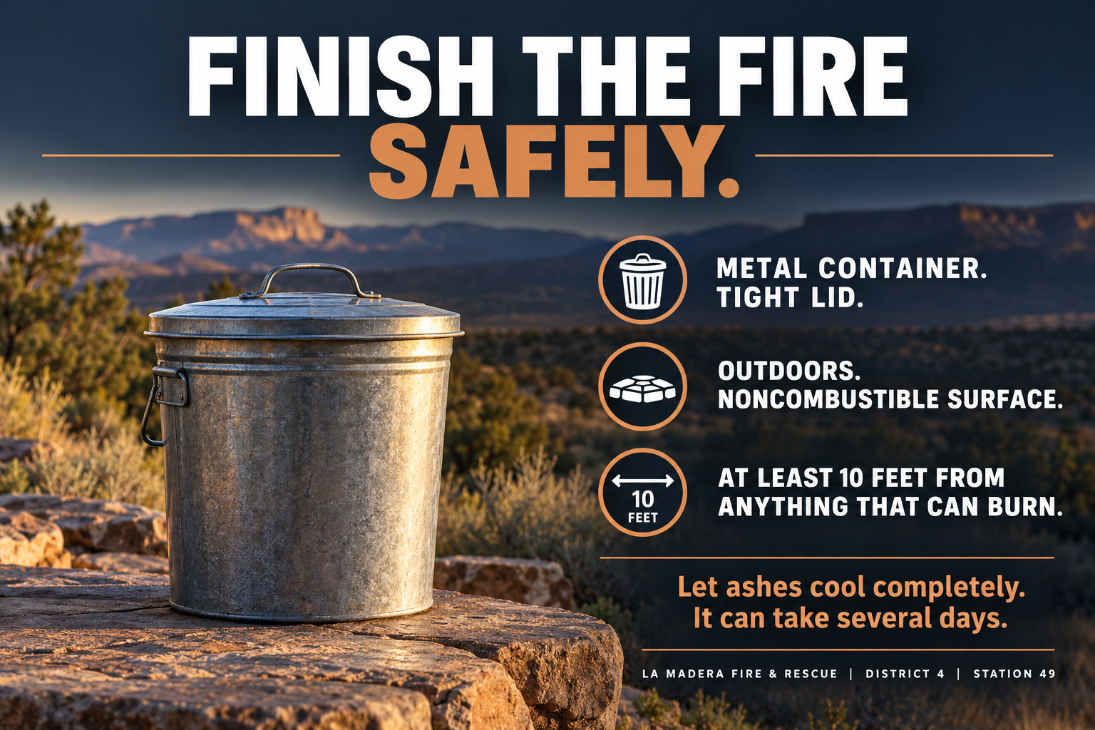 Finish the fire safely: use a metal container with a tight lid, place it outdoors on a noncombustible surface at least 10 feet from anything that can burn, and let ashes cool completely, which can take several days.